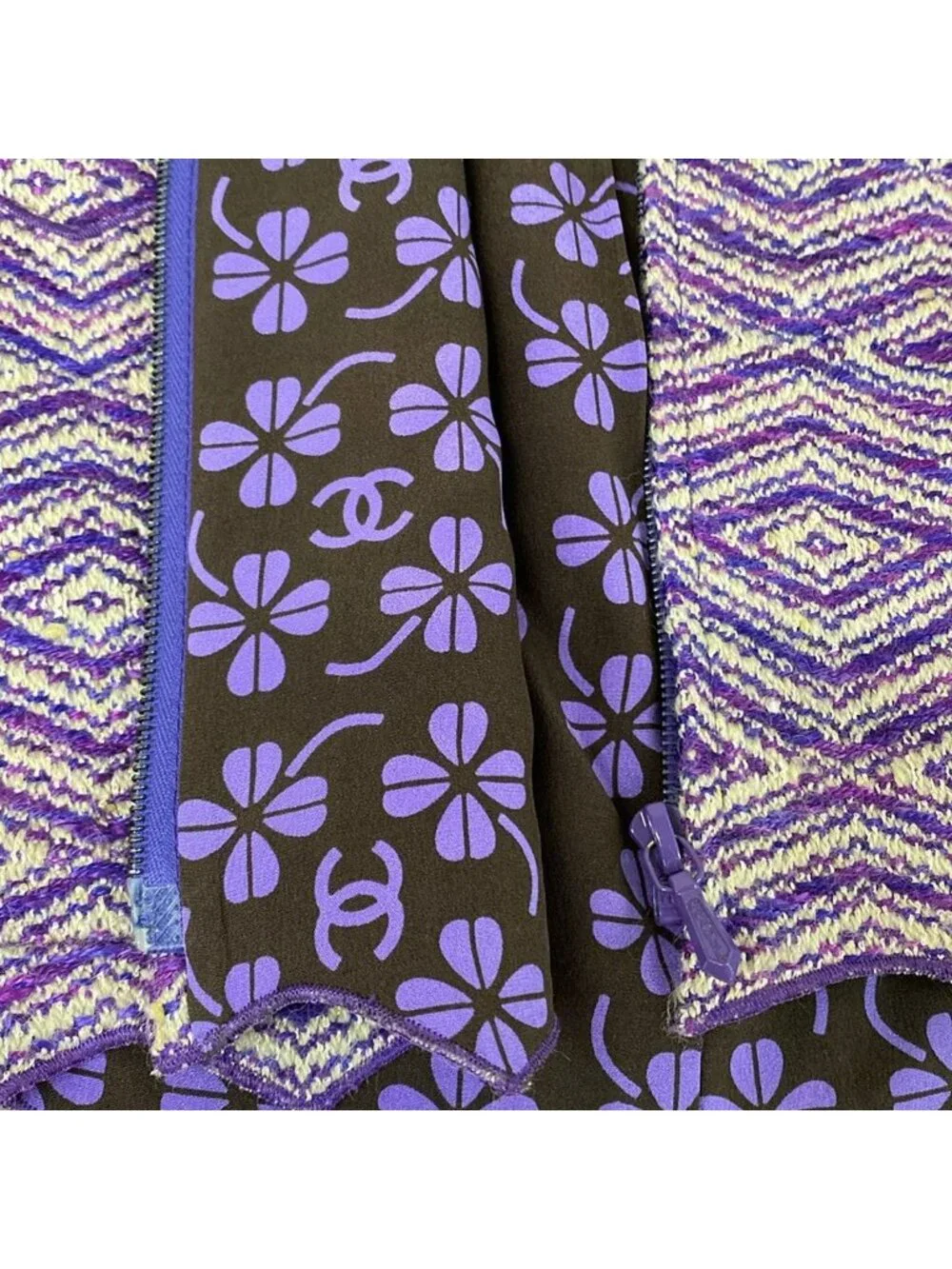 Chanel Skirt Suit Dark Brown Purple Clover CC Logo Pleats Set Wool